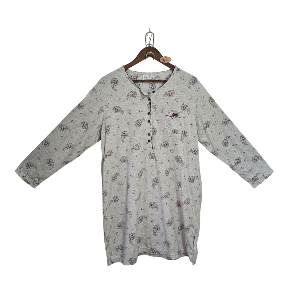 Allyson Whitmore Intimates Womens Floral Henley Nightgown Gray Purple Large
